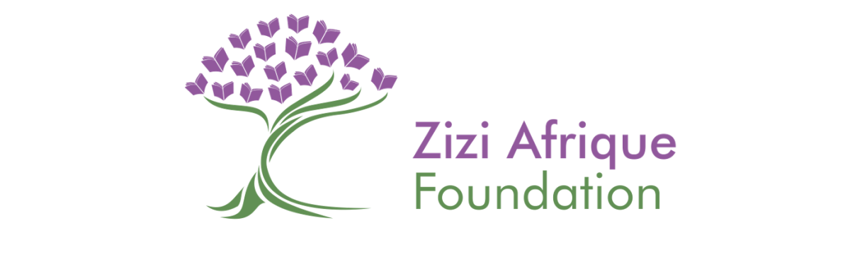 Zizi Afrique logo showing, the picture of a tree with green trunk and lilac leaves (the leaves are represented as opened books) followed, on the right-hand side, by the lilac writing ‘Zizi Afrique’ on top of the green writing ‘Foundation’.